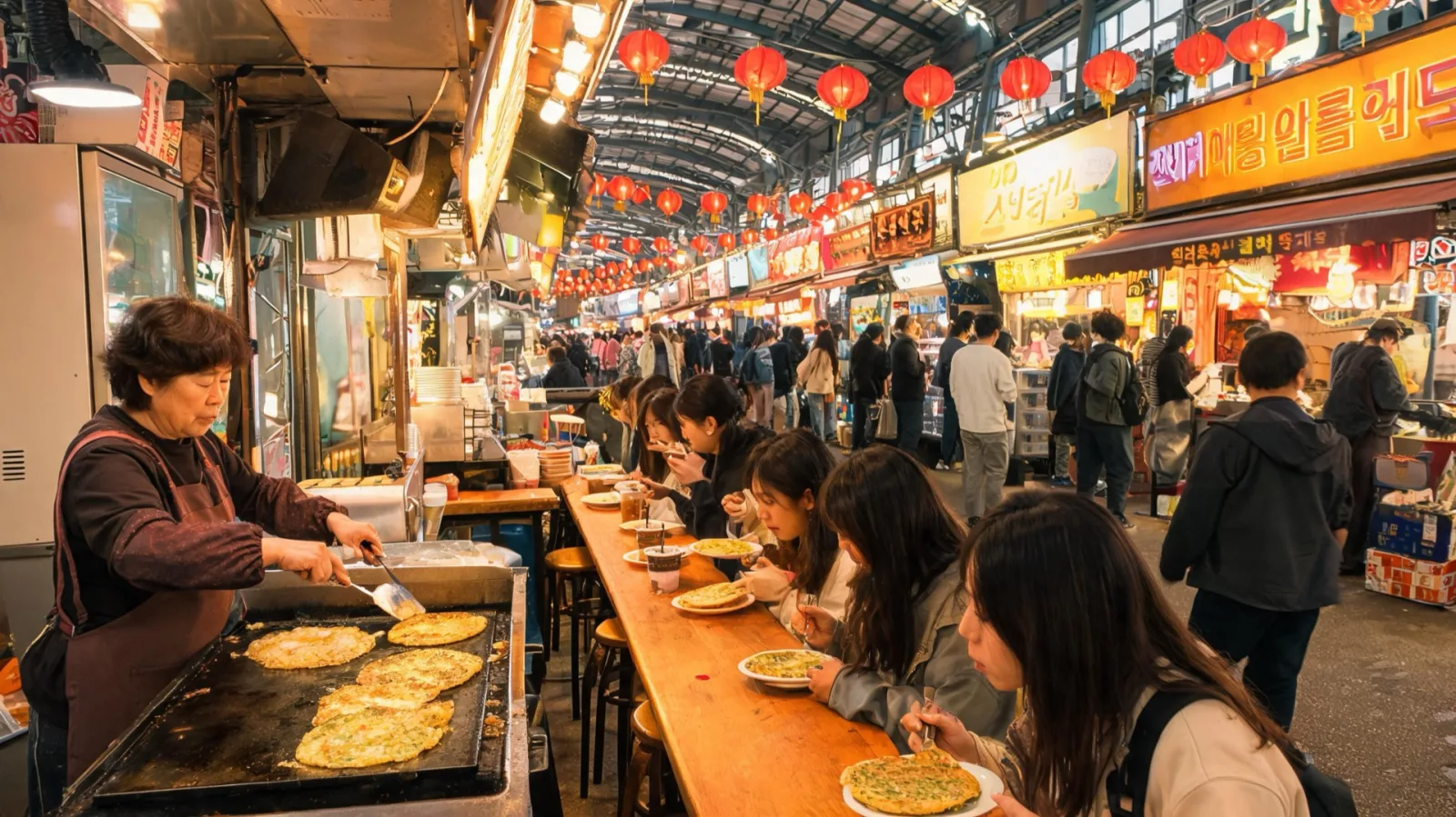 The lively scene of Gwangjang Market's food alley