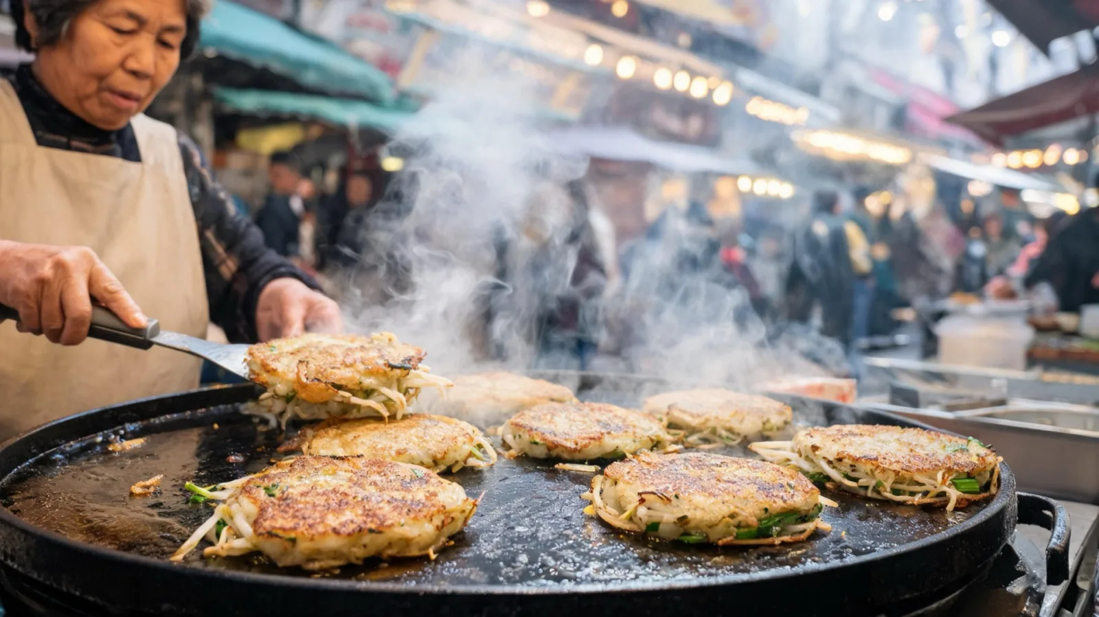 Yellow mung bean pancakes being fried on a griddle