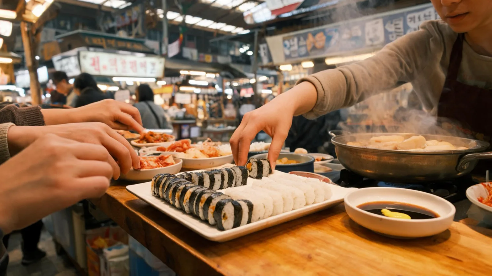 Bite-sized gimbap lined up in the food alley