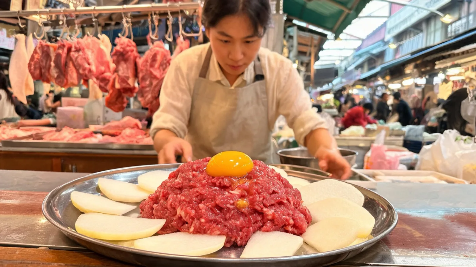 An illustrative beef tartare dish in a market-style setting