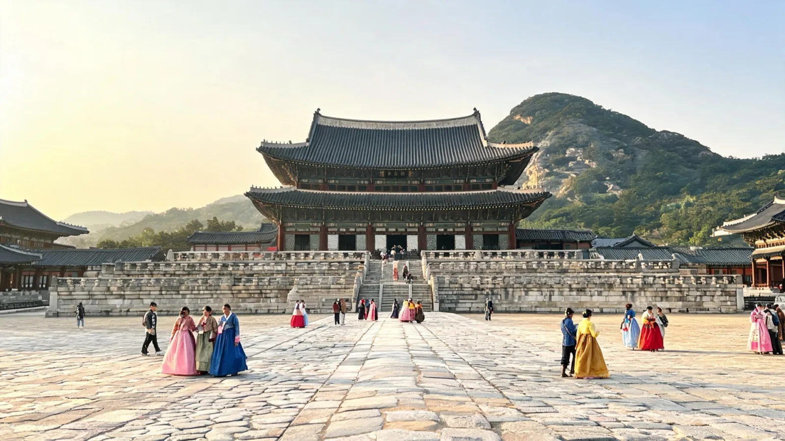 主要宮殿與山景相映的庭院