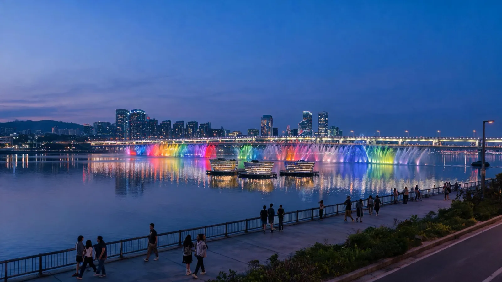入夜後亮燈的橋與江畔