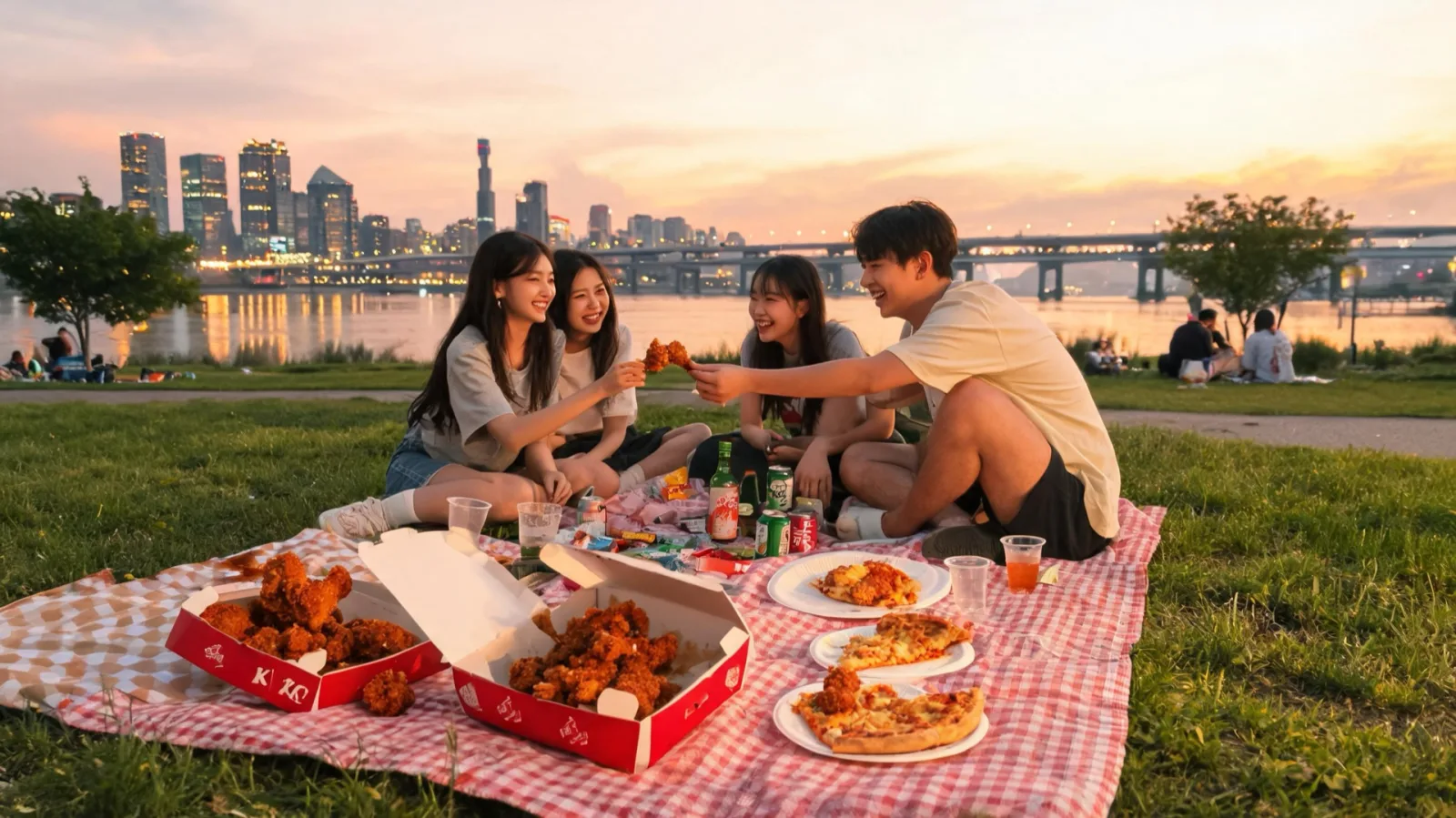 夕陽時分野餐墊上的共享外帶餐點