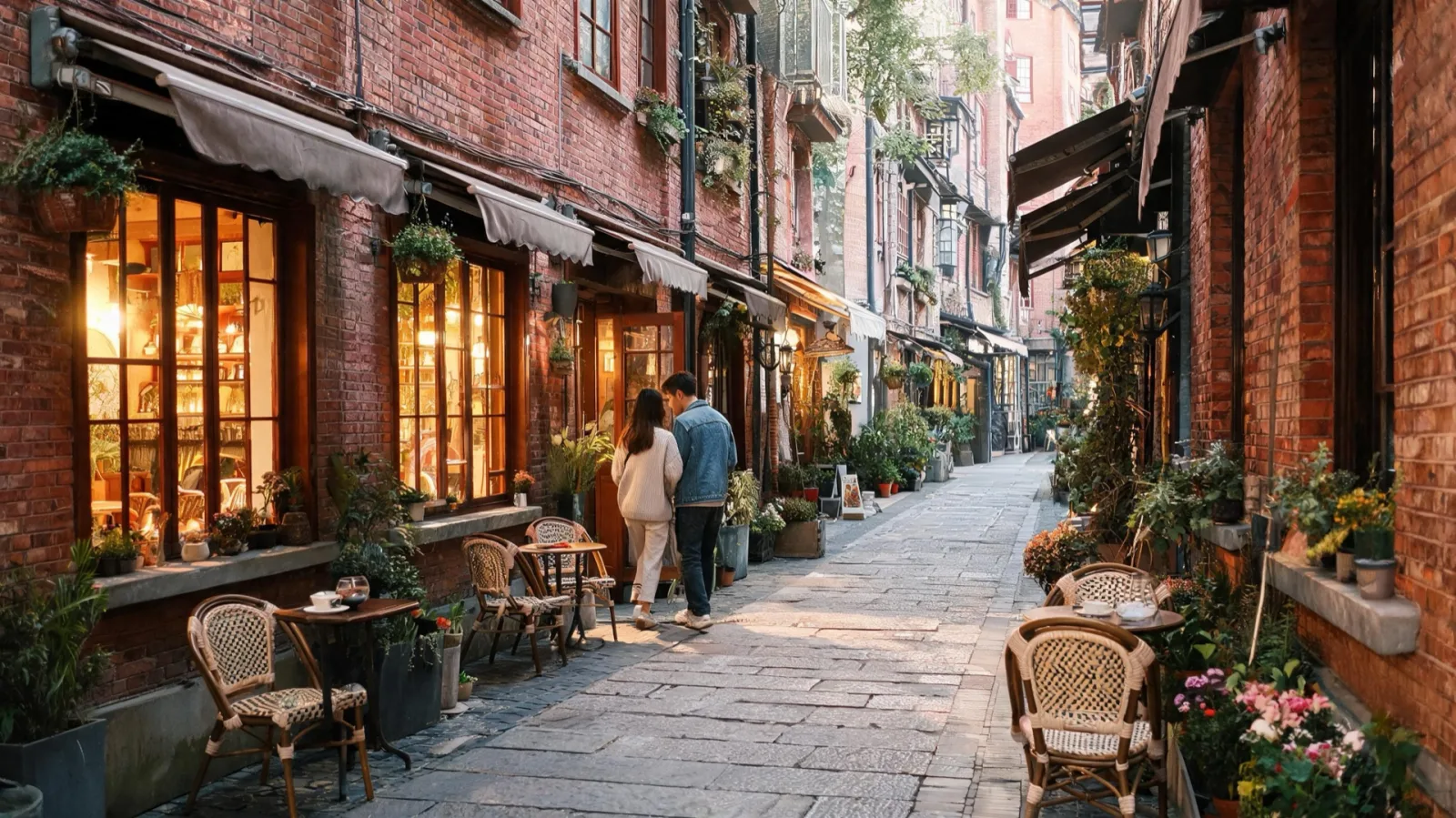 A narrow café lane with brick façades and outdoor seats