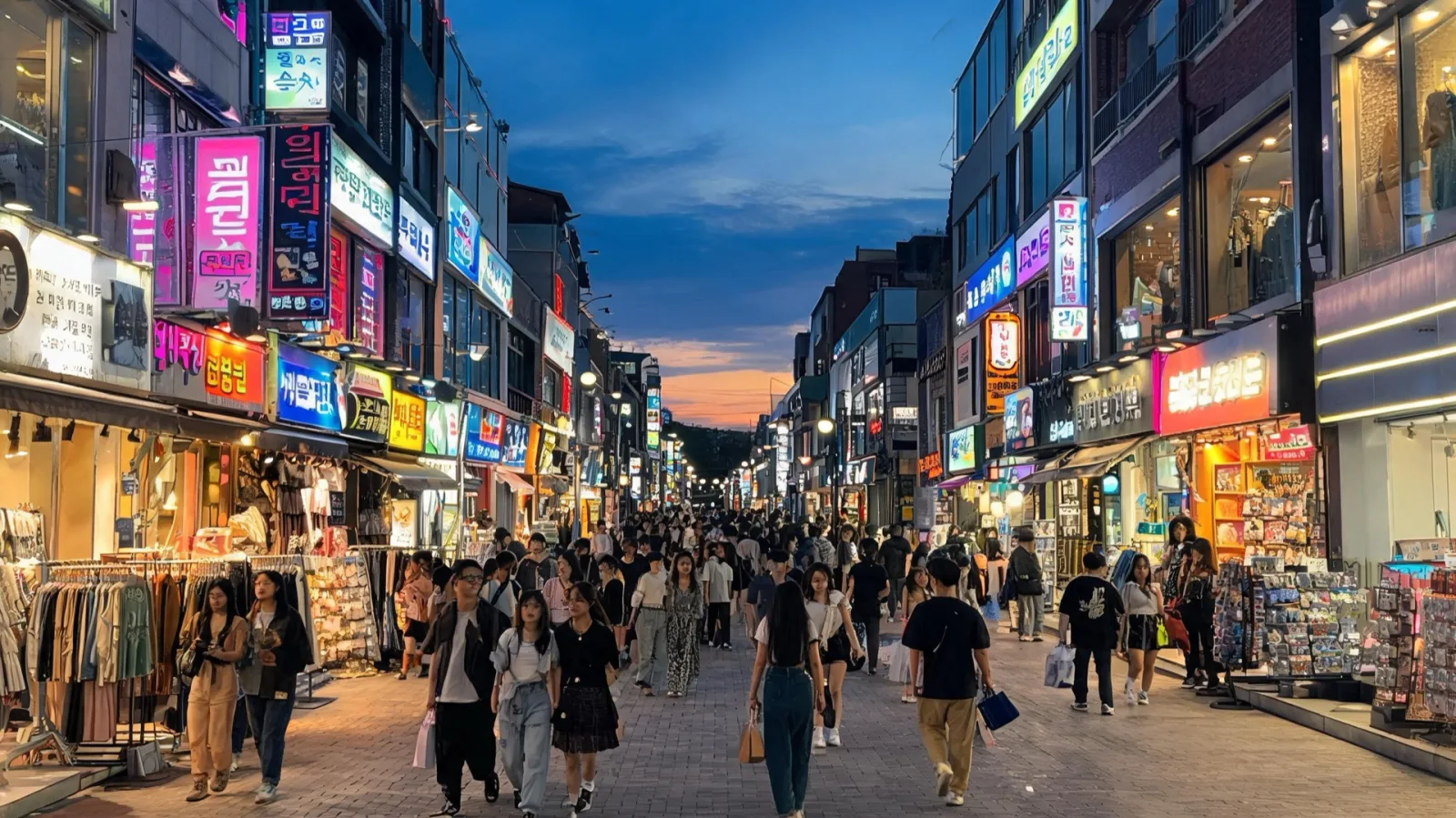 A shopping street with illuminated signs at dusk