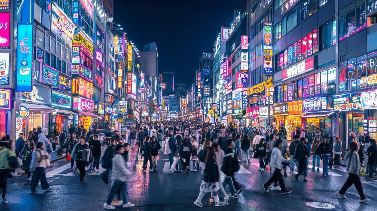 People walking through a busy shopping street after dark