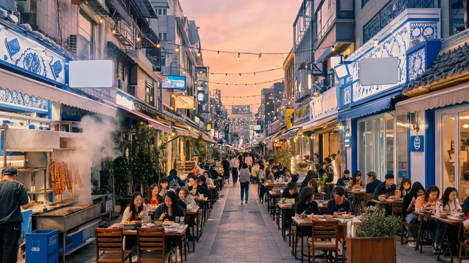 Restaurants and outdoor tables along a busy narrow lane