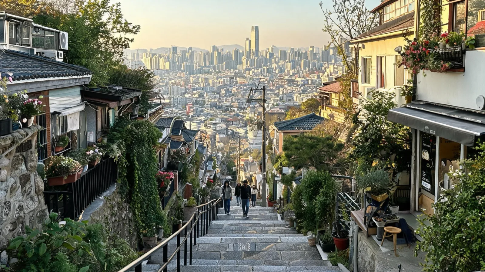 A stairway descending through a hillside residential lane