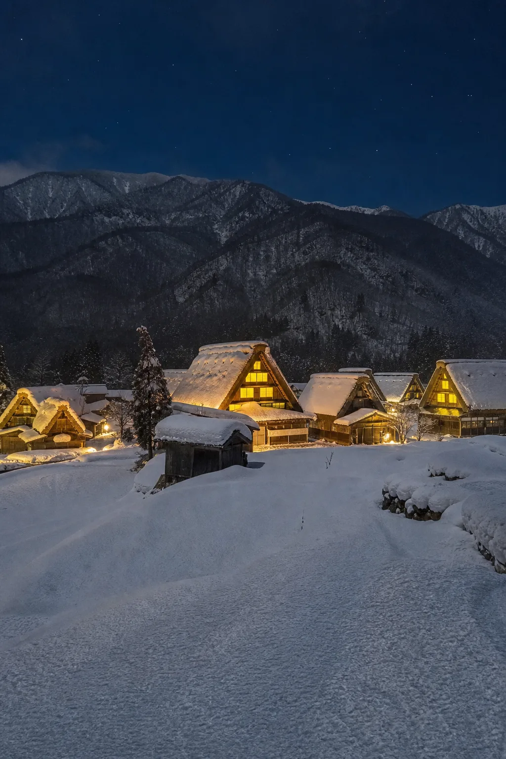 雪夜點燈後的白川鄉合掌造聚落