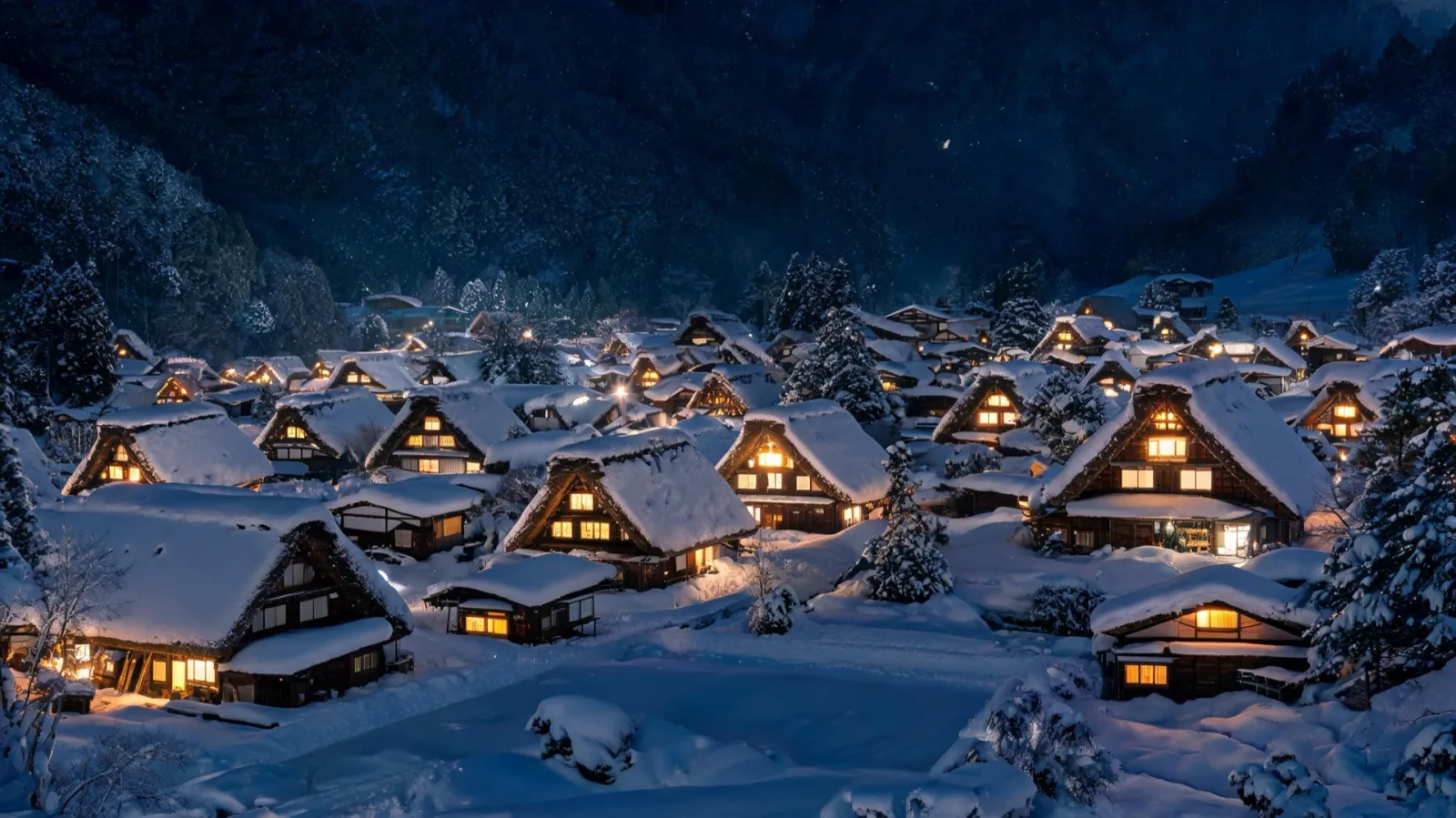 Nighttime snow scenery at the Shirakawa-go light-up