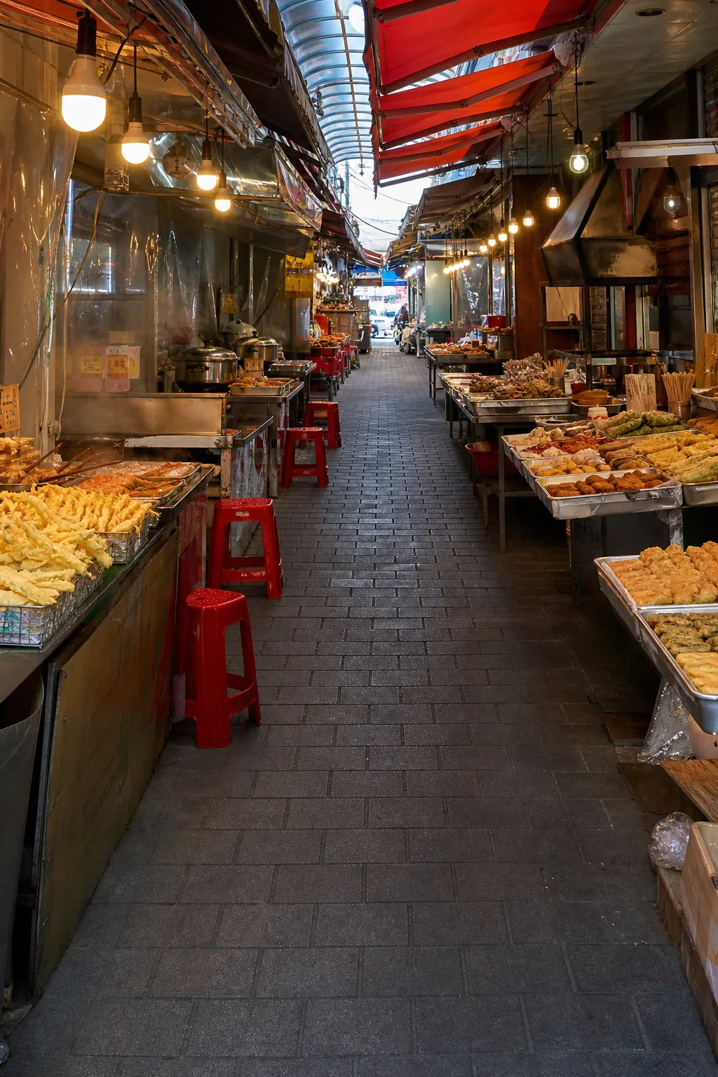 束草觀光水產市場街道與海鮮店景色