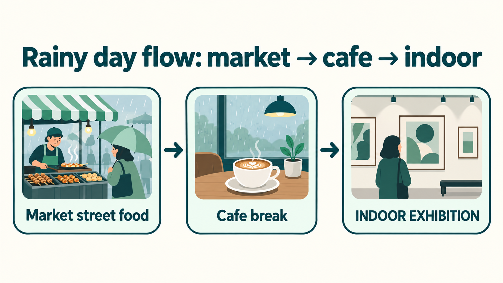A flow diagram bundling the market and cafe stops in one direction