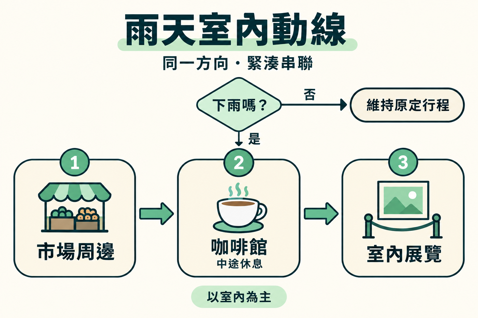 把市場與咖啡廳往單一方向綁在一起的室內動線圖
