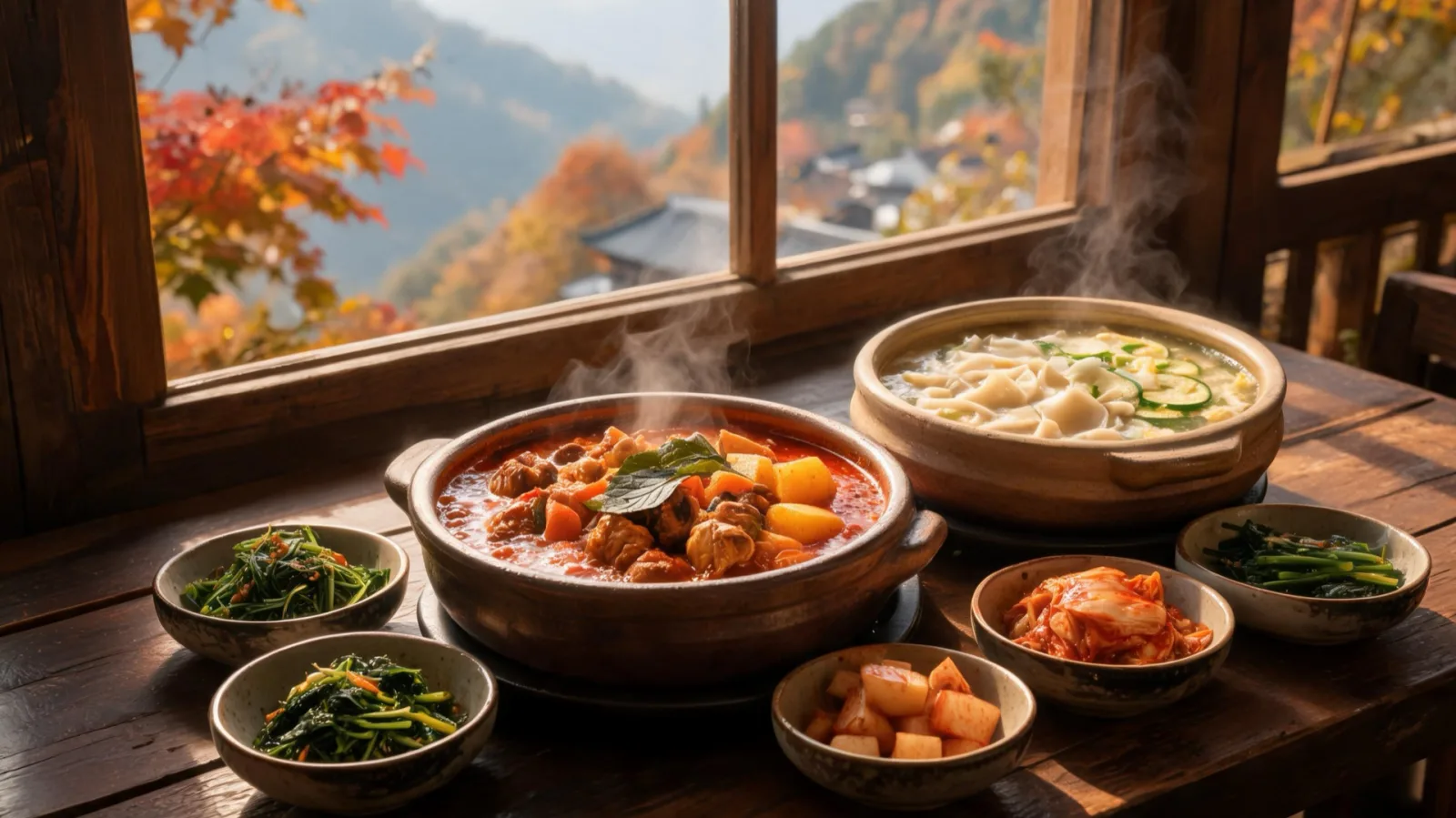 A warm meal at a mountain-village eatery after an autumn hike
