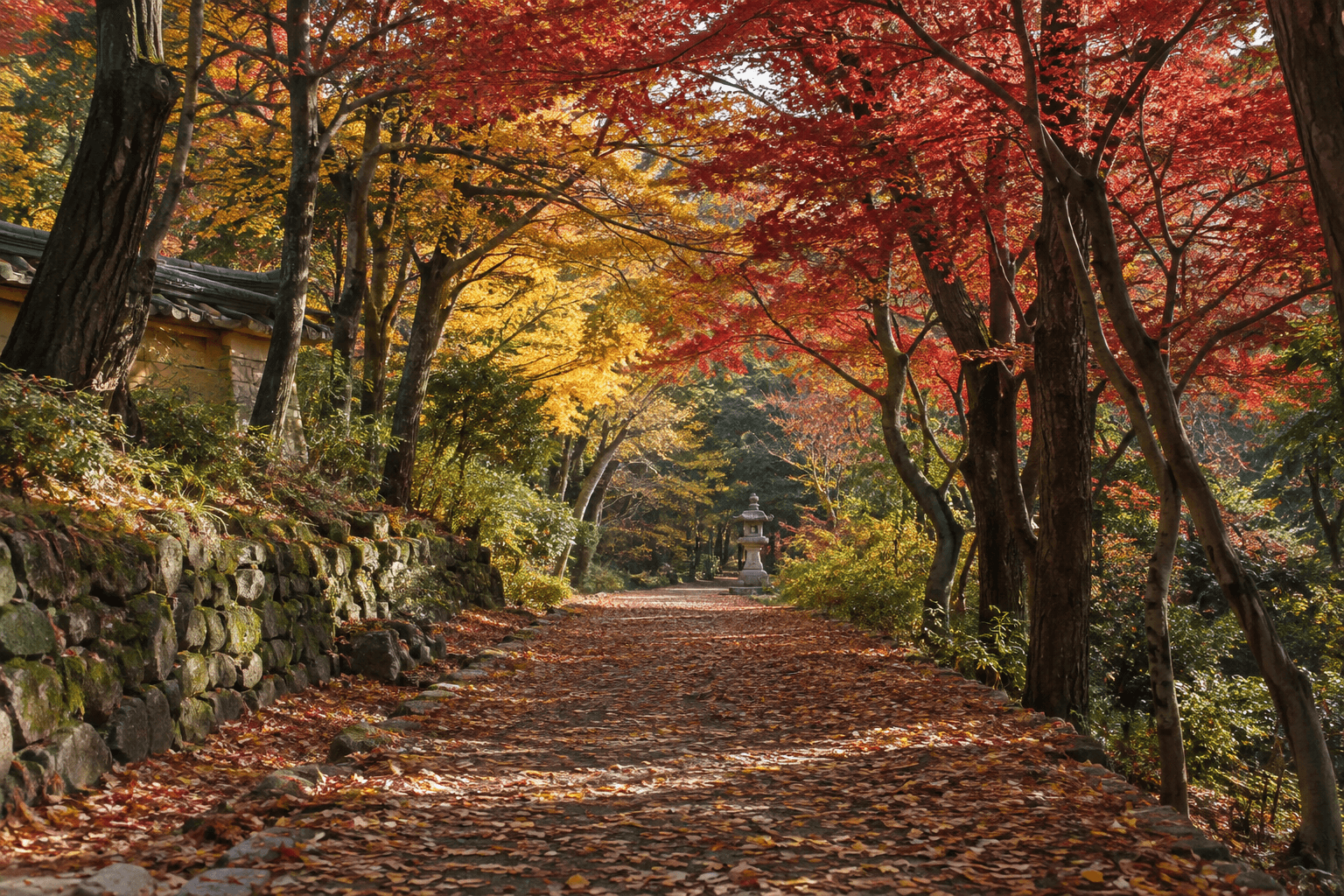 Example scene of an autumn foliage path inside the Tongdosa compound