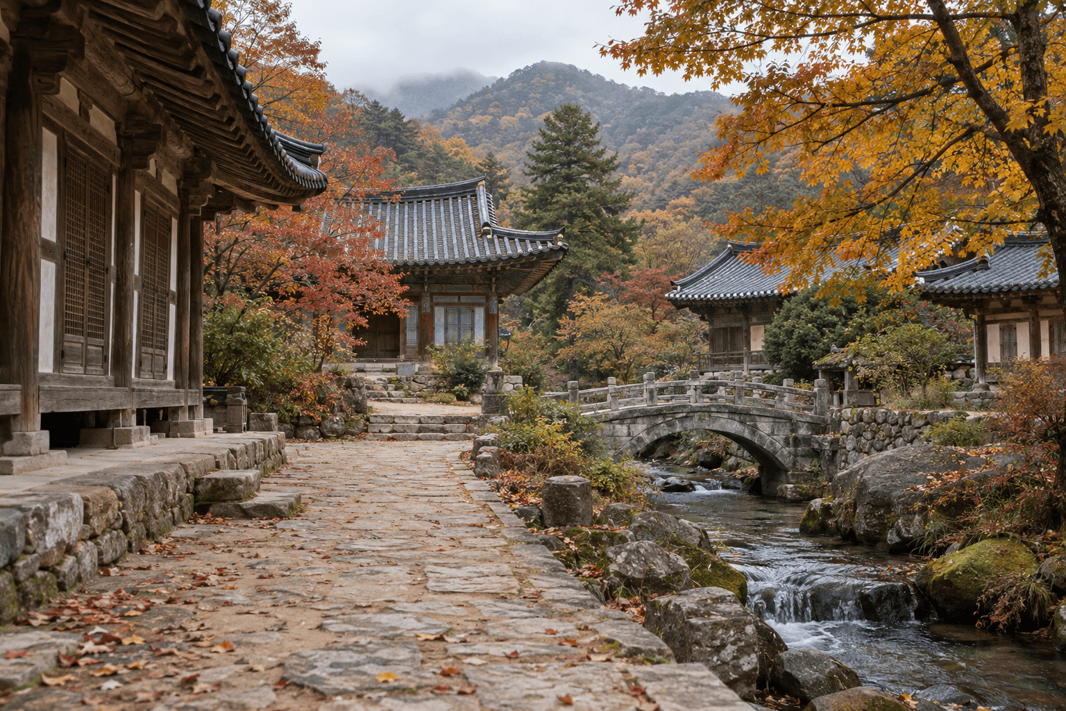 Example scene of a compound walk and a valley stream at Tongdosa