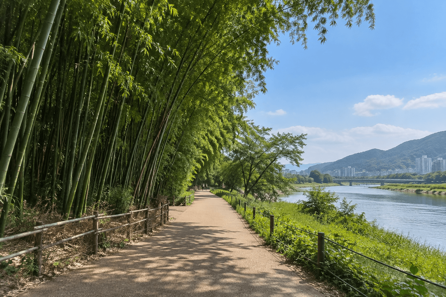 Example image of the bamboo grove and riverside walk at Taehwagang National Garden