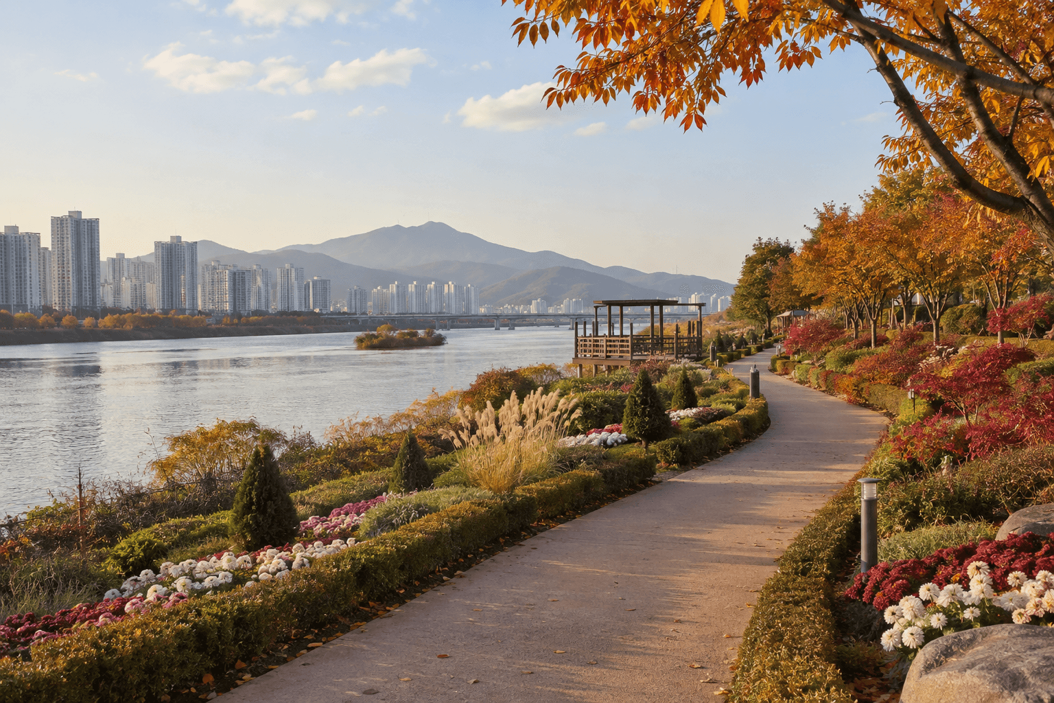 Example scene of a riverside walking trail and themed gardens at Taehwagang National Garden
