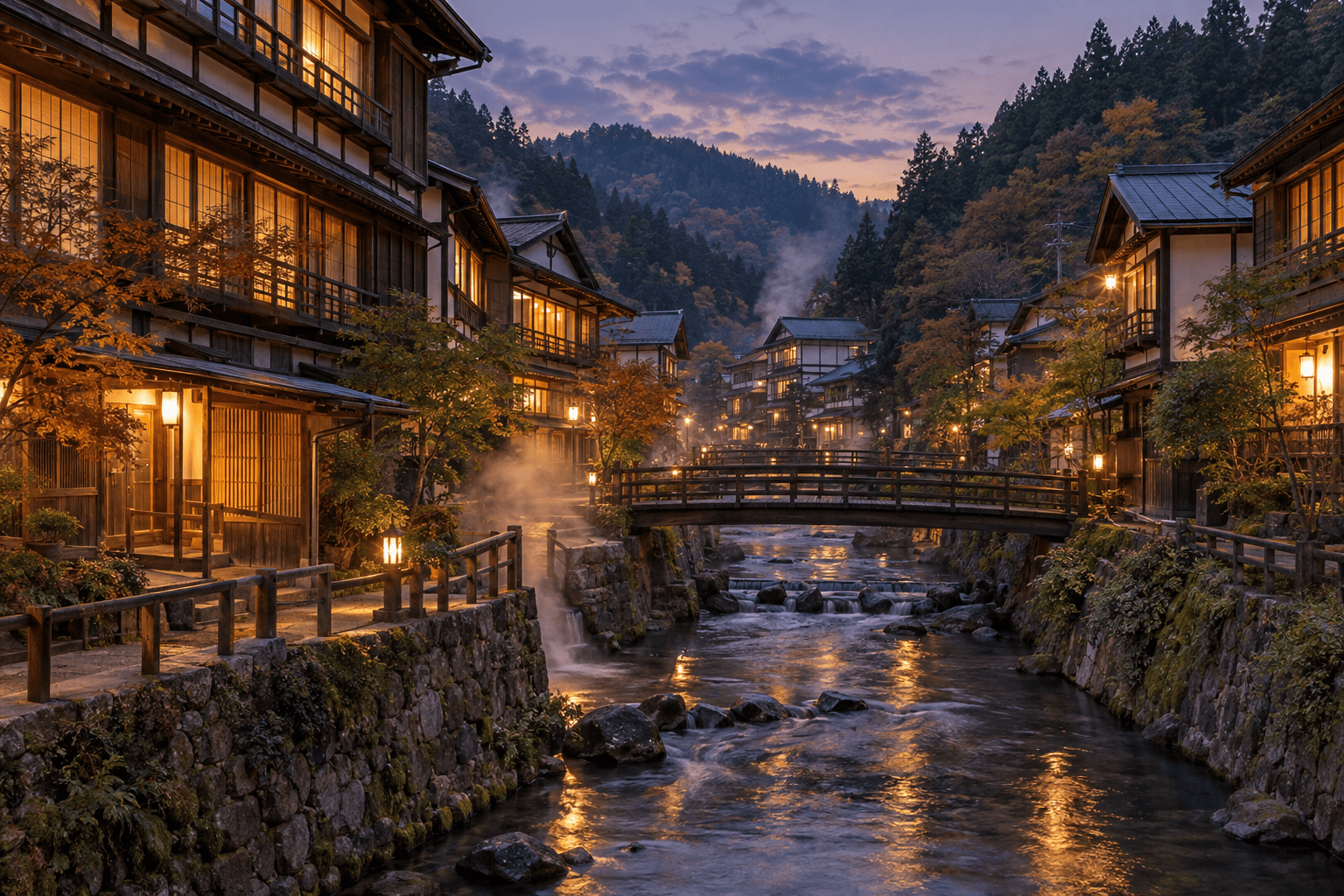 嬉野溫泉街河岸風景示意