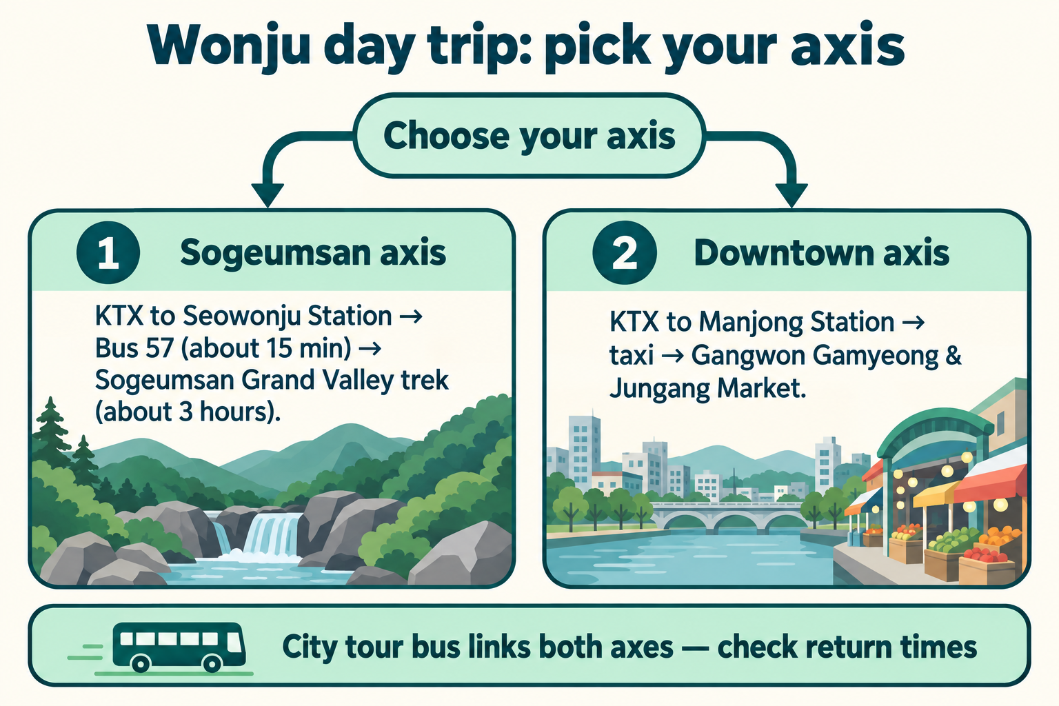 Non-map flow diagram for choosing an axis and arrival station in Wonju and linking them by bus