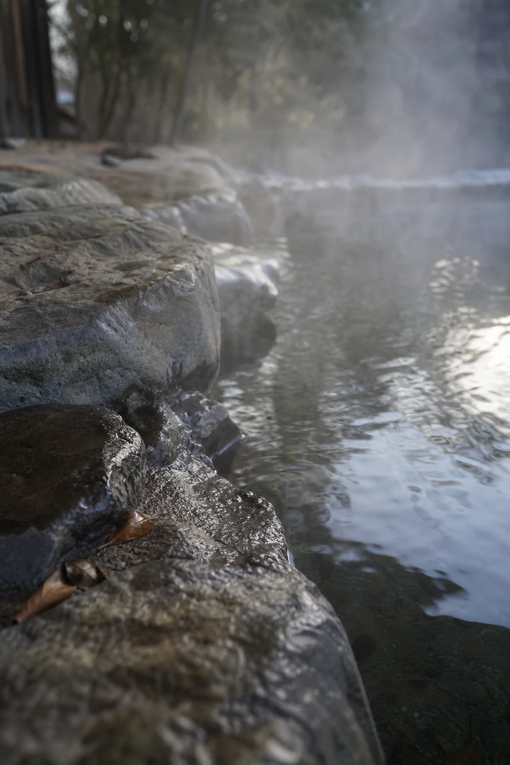 Steaming outdoor bath, illustrative scene