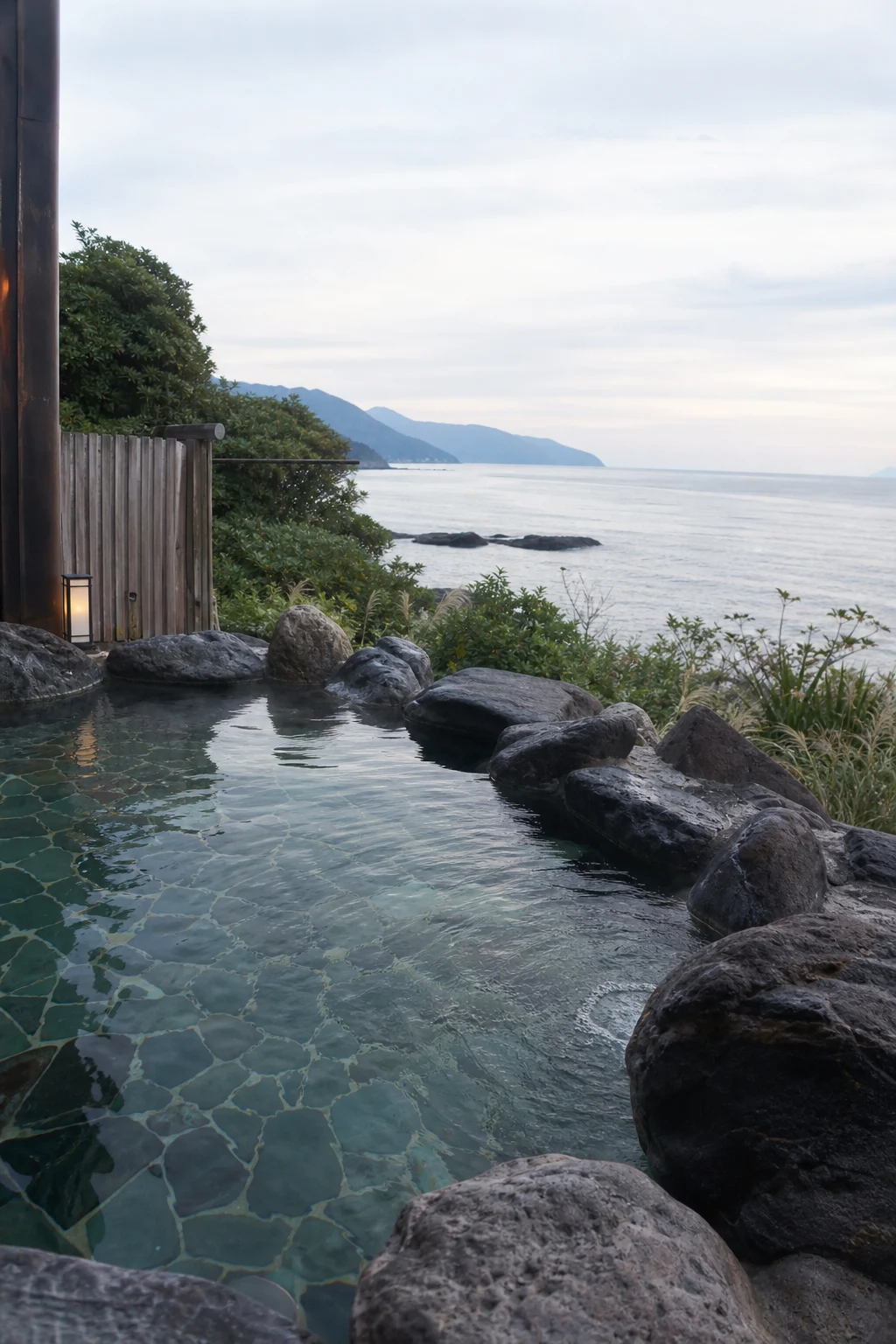 Outdoor bath overlooking the sea, illustrative scene