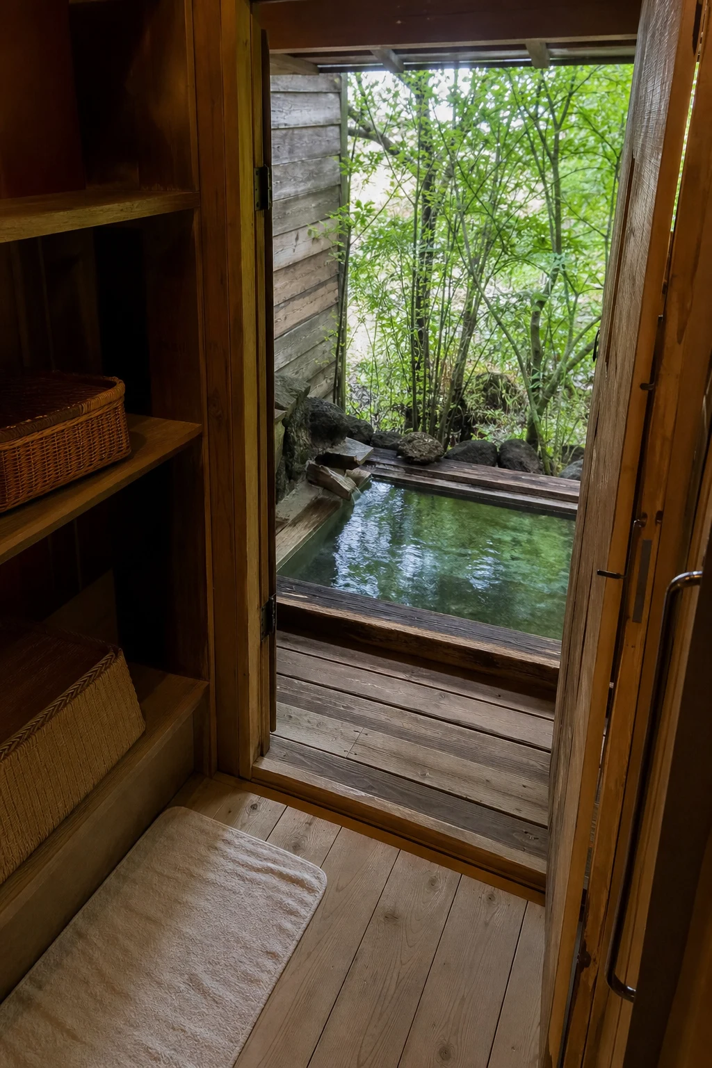 Small bath beyond a doorway, illustrative scene