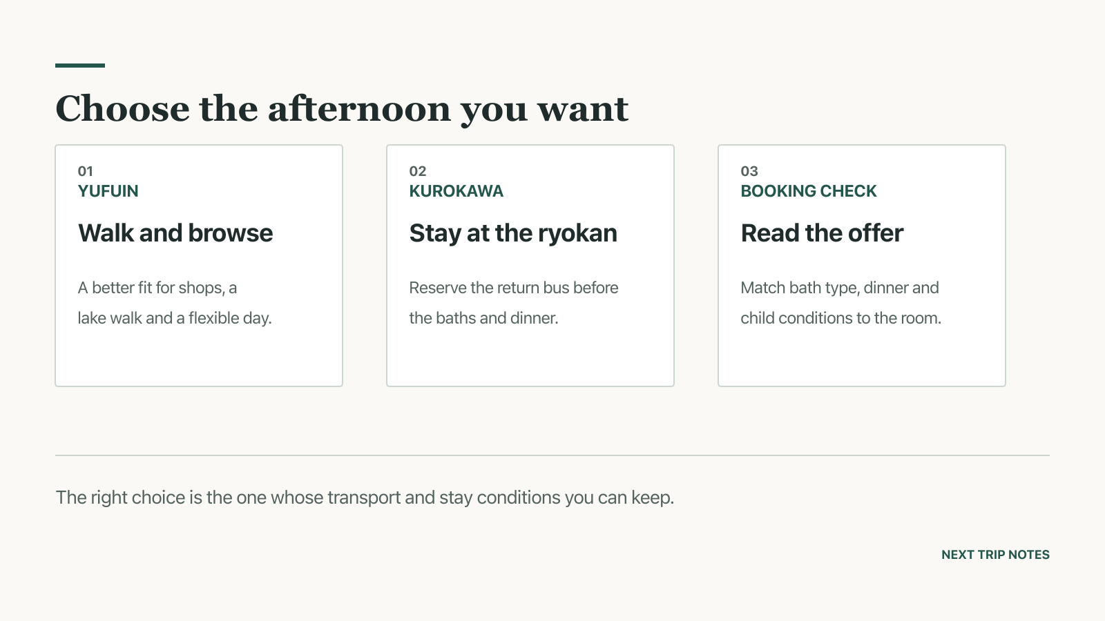 Yufuin and Kurokawa afternoon choices compared by walking, ryokan time and booking conditions