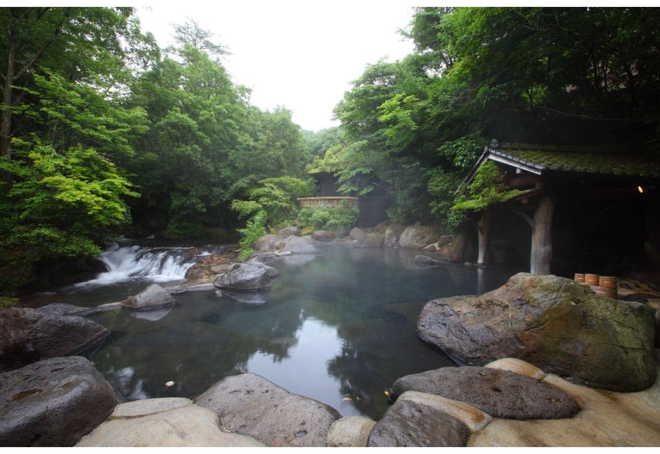 An open-air rock bath beside trees at Yamamizuki