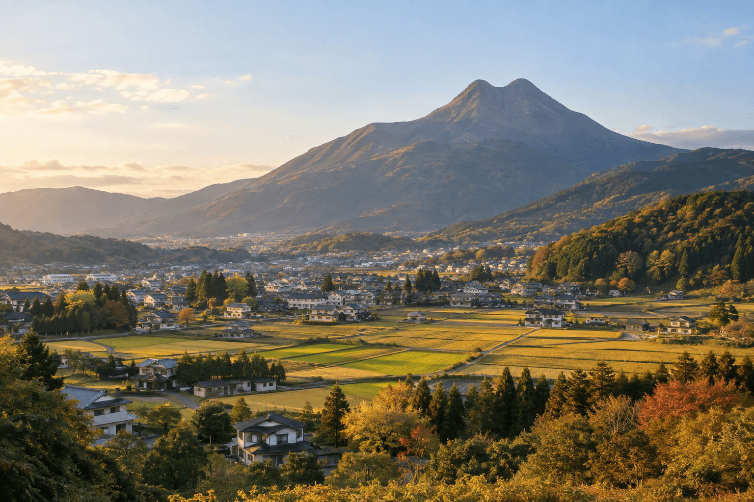 Example autumn view of Mount Yufu above the basin town